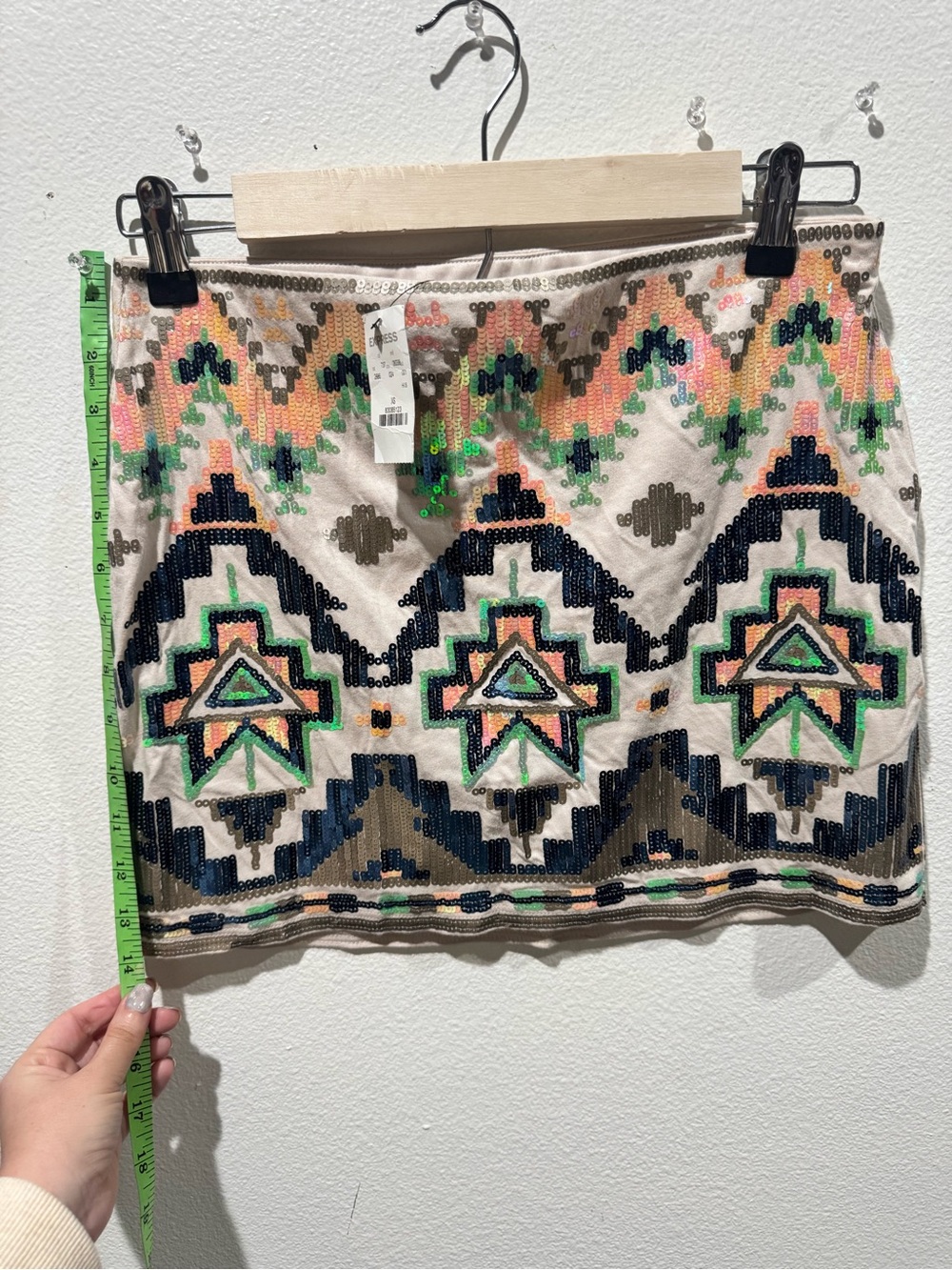 Express Embellished Tribal Mini Skirt in Ivory with Multicolor Sequins